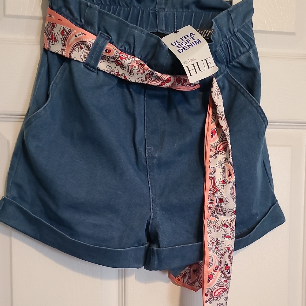 HUE Blue High-Waist Ultra Soft Denim Shorts with Paisley Tie